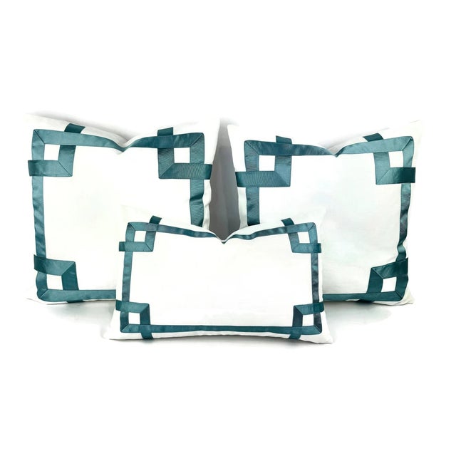 2020s White With Dark Smokey Blue Ribbon Embellished Pillow Cover - 20" X 20" Fretwork Greek Key Ribbon Cushion Case For Sale - Image 5 of 8