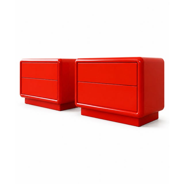 Pair of Post modern stands. Stands were refinished in a corvette red by our shop. Drawers have push magnets to open, Well...