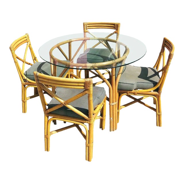 1950s Restored Mid-Century Rattan Table With Chairs Dining Set of 5 For Sale