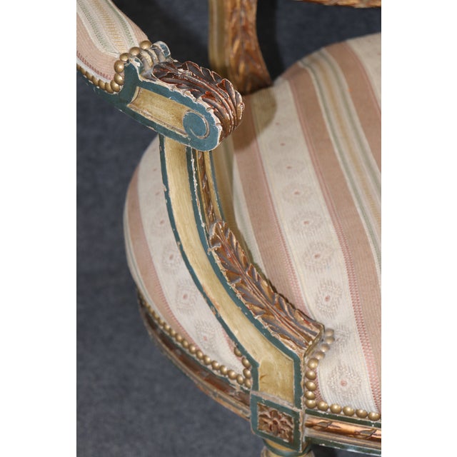 Antique French Louis XVI Style Paint Decorated & Gilt Carved Settee For Sale - Image 12 of 13