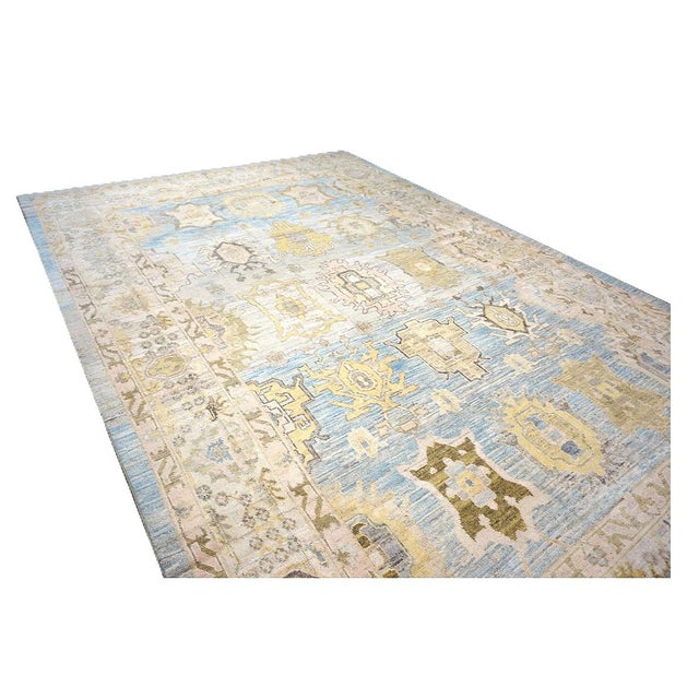Blue 21st Century Turkish Oushak Wool 11x17 Light Blue,Yellow & Ivory Handmade Area Rug #1144131 For Sale - Image 8 of 13