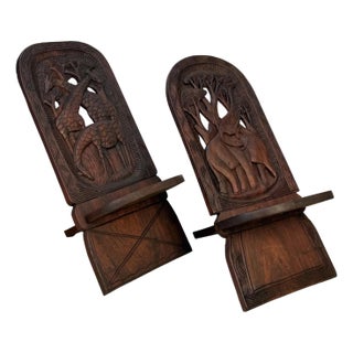 Vintage African Mahogany Elephant & Giraffe Carved Slipper Chairs - A Pair For Sale