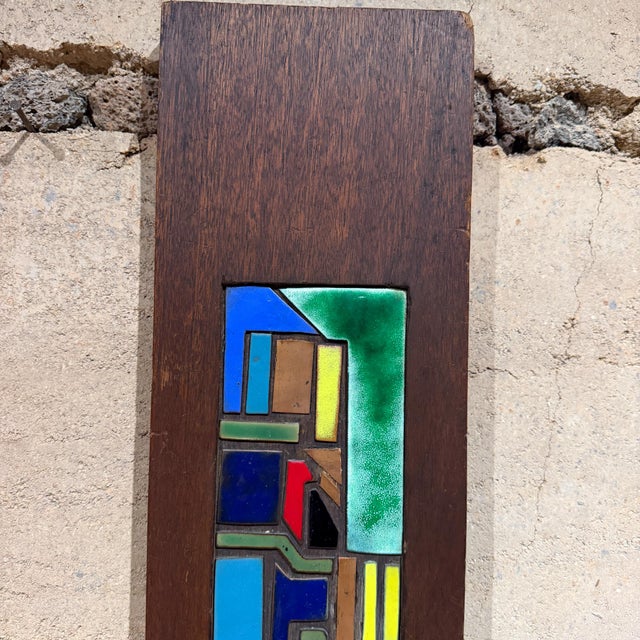 1970s Vertical Wooden Wall Art Colorful Geometric Enamel Copper Inlay For Sale - Image 4 of 10
