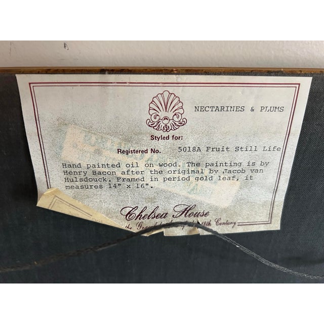 Vintage Realistic Still Life Oil Painting on Wood Panel of Nectarines & Plums in Gold Leaf Frame For Sale In Philadelphia - Image 6 of 7