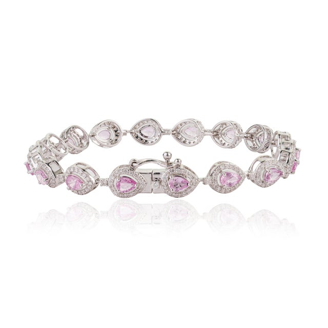 14k Gold Pear Cut 2.74ct Pink Sapphire & Diamond Byzantine Tennis Bracelet For Sale - Image 9 of 17