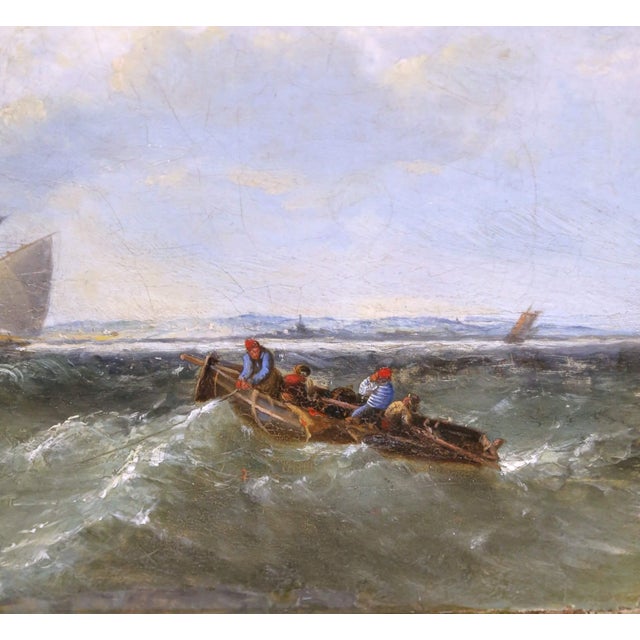 19th Century English Marine Oil Painting of Fishing Vessels in Rough Seas For Sale In Dallas - Image 6 of 12