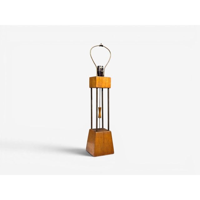 Wood 1960s American Modern, Cage Form Table Lamp, Walnut, Brass, Usa For Sale - Image 7 of 12