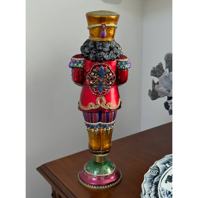 2010s Large Rare Collectible Jay Strongwater Collectible Jewel Nutcracker Tree Topper With Stand For Sale - Image 5 of 11