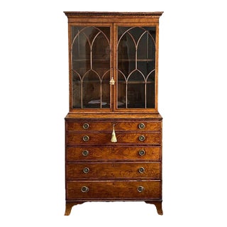 Early 19th Century Elmwood Veneer English Fitted Drop Front Secretary with Bookcase For Sale