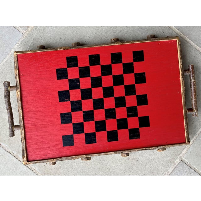1980s Circa 1980 Adirondack-Style Branch & Twig Checkerboard Design Folk Art Tray by Forest Time Products For Sale - Image 5 of 12