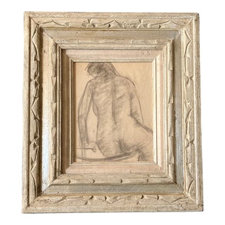 1940’s Original Matisse Style Female Nude Charcoal Study Drawing Chunky Carved Wood Frame For Sale