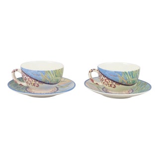 Faience Savane Coffee Cups with Matching Saucers from Gien, Set of 4 For Sale