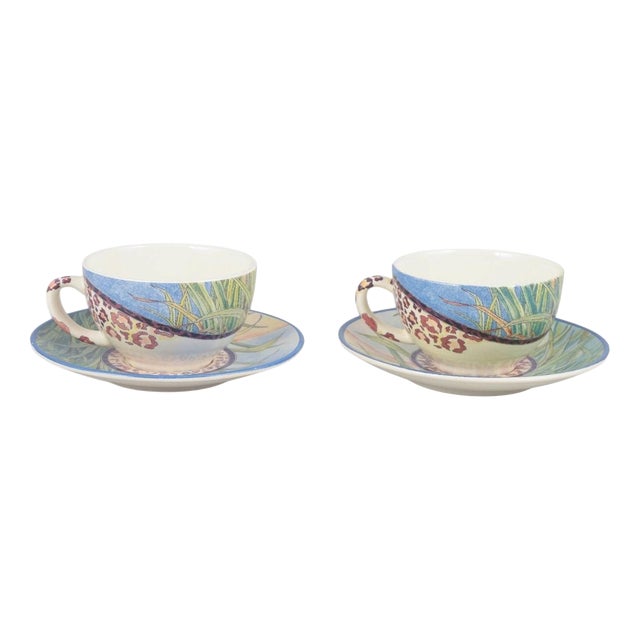 Faience Savane Coffee Cups with Matching Saucers from Gien, Set of 4 For Sale
