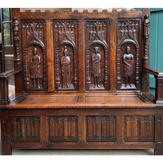 Antique English Gothic Hall Bench Carved Oak Medieval Knights Settle C1880 For Sale In Dallas - Image 6 of 18