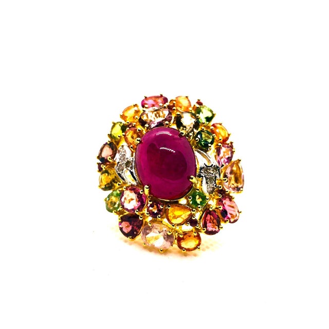 Ruby Red Bochic “Orient” Vintage Natural Ruby, Diamond & Multi Sapphire Ring Set In 18K G For Sale - Image 8 of 10