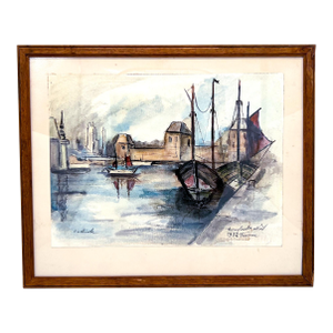 Mid-Century Framed European Harbor Watercolor – “Oostende” Belgian Port Scene – Signed Dufresle Noël, Dated 1952