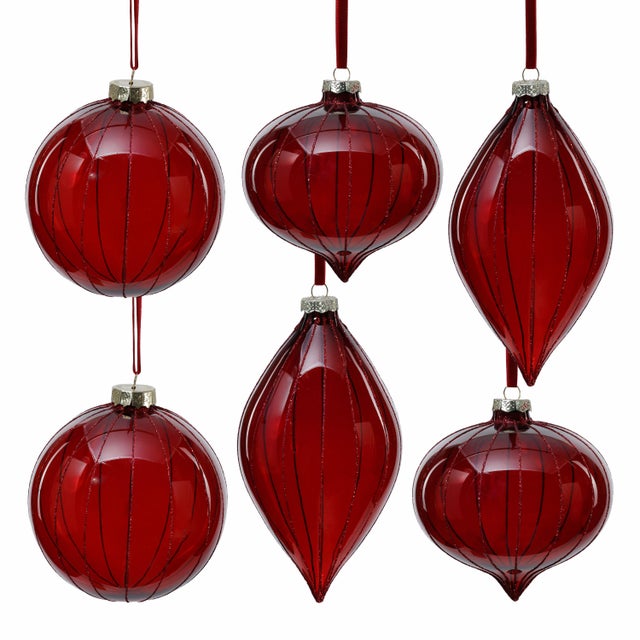 Christmas Glitter Stripe Glass Tree Ornaments, 3 Assorted Designs, Set ...