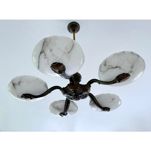 Large Art Deco Alabaster and Bronze Pendant Light, 1930s For Sale - Image 10 of 18