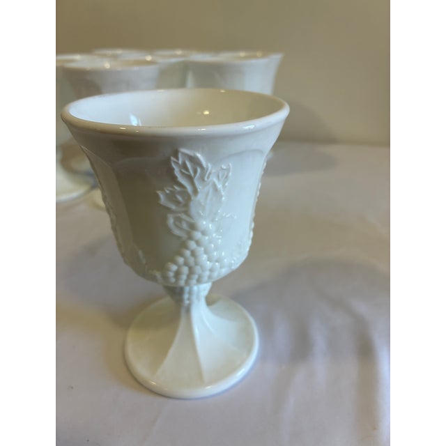 Vintage White Milk Glass Grape & Vine Pedestal Goblets, Set of 9 For Sale - Image 11 of 13