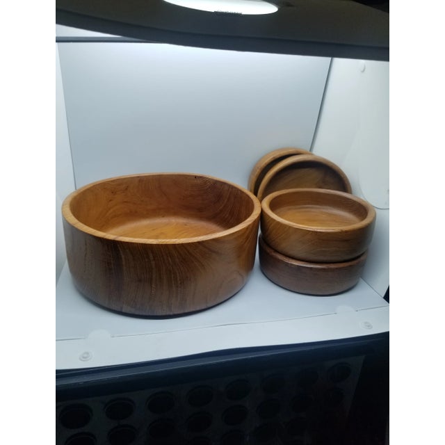 Wood Vintage Teak Wood Salad Bowl Set (5), MCM For Sale - Image 7 of 7
