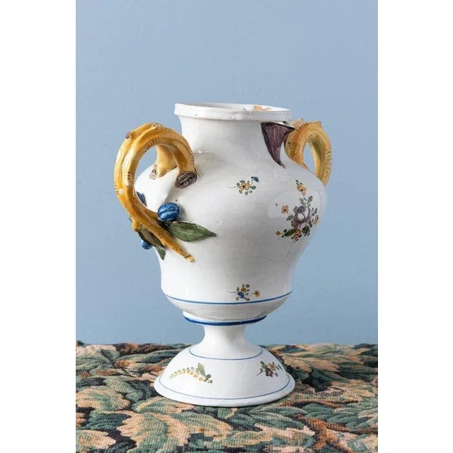 French Floral Faience Double-Handle Vase, 18th Century For Sale - Image 5 of 11