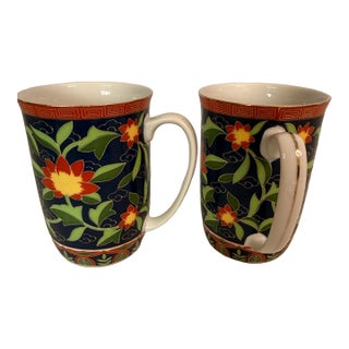 Vintage Takahashi “Kashmir” Porcelain Mug Set – Floral Navy/Red/Green With Gold, Set of 2 (Rare) For Sale