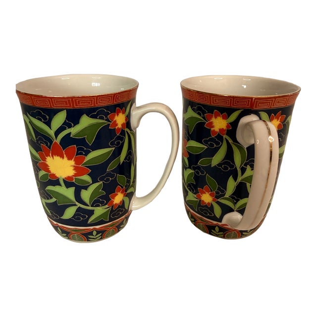 Vintage Takahashi “Kashmir” Porcelain Mug Set – Floral Navy/Red/Green With Gold, Set of 2 (Rare) For Sale