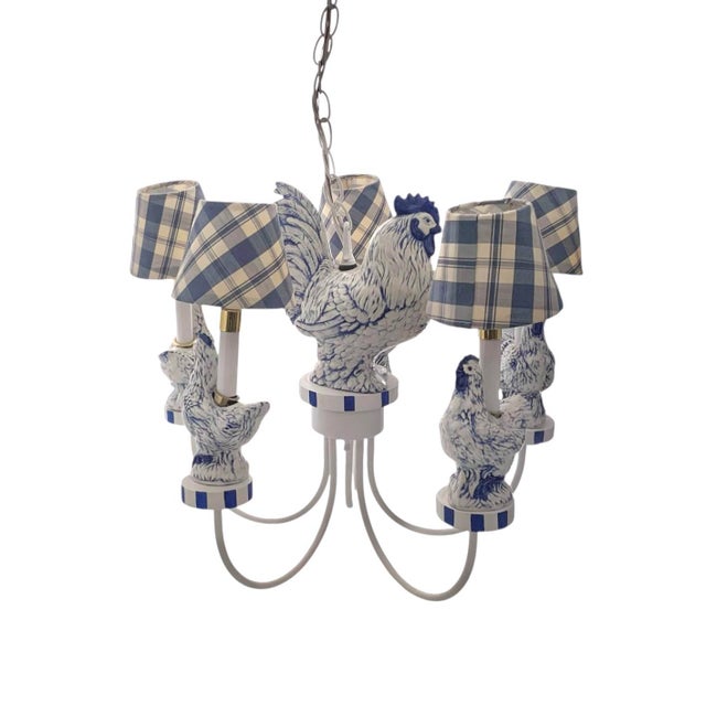 Vintage Chandelier Blue White Ceramic Rooster Chicken French Country Lighting For Sale In Tulsa - Image 6 of 8