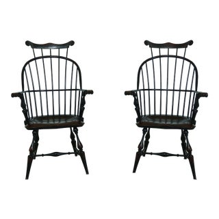 Pair Riverbend Black Crackle Painted Windsor Armchairs For Sale