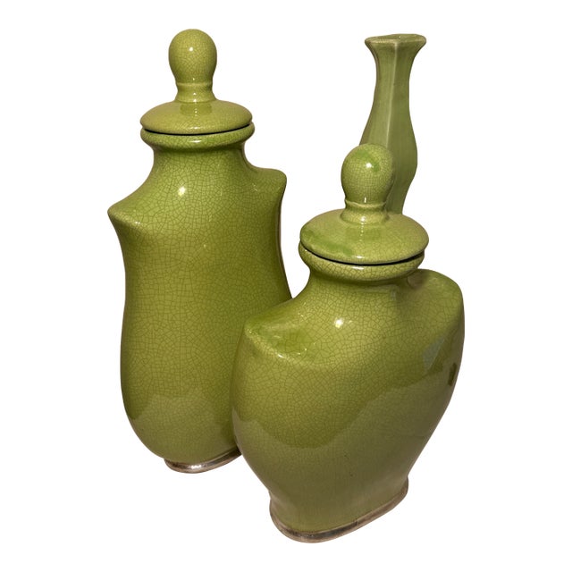 Uttermost Hollywood Regency Chartreuse Green Crackle Glaze Lidded Urn Jars - Set of 3 For Sale