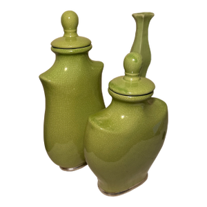 Uttermost Hollywood Regency Chartreuse Green Crackle Glaze Lidded Urn Jars - Set of 3