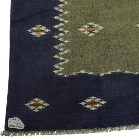 Traditional Oversized Vintage Dhurrie Solid Rug in Green With Blue Border | Rug & Kilim For Sale - Image 3 of 5