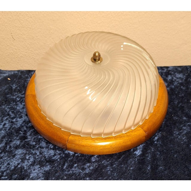 German Ceiling Lamp with Spiral-Shaped Segmented Matte Glass Shade on Chestnut Wood Mount, 1980s For Sale - Image 4 of 7