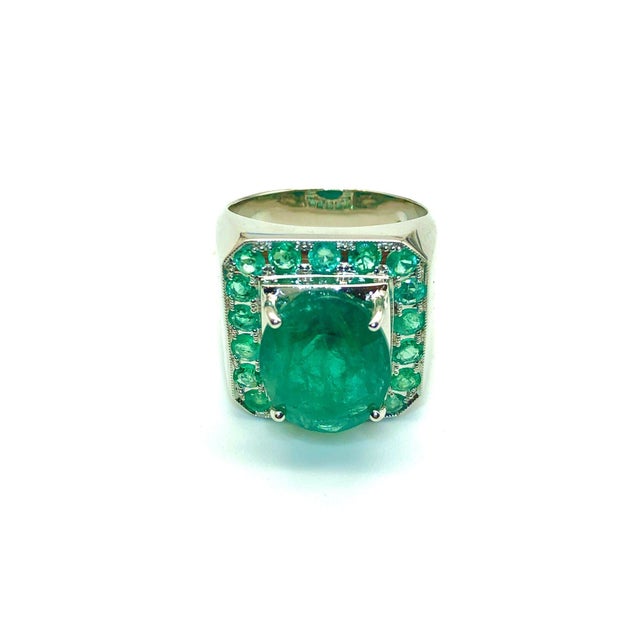Bochic "Capri" Vintage Natural Emerald Ring Set in 18K White Gold & Silver For Sale - Image 9 of 18
