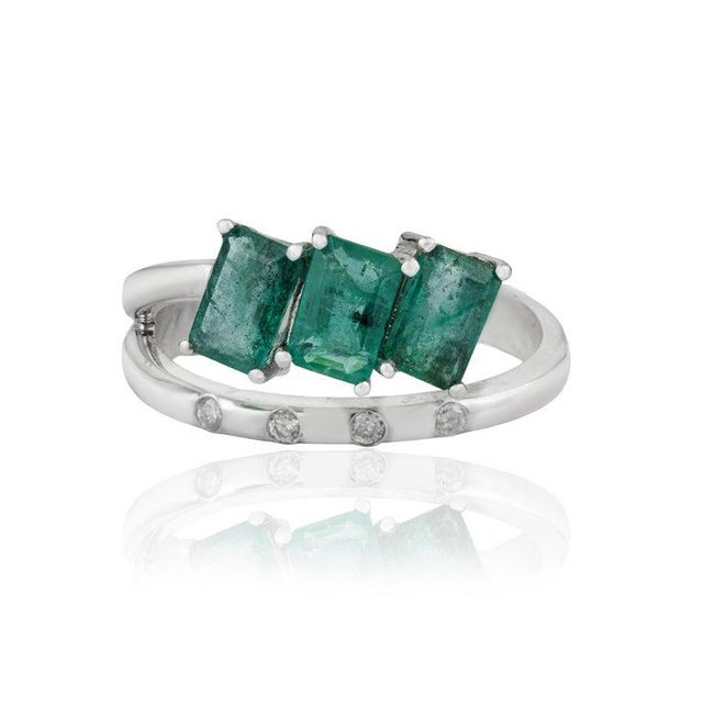 Gemstone 925 Silver Three-Stone Emerald Ring With Diamond Accents, Size 6 For Sale - Image 7 of 12