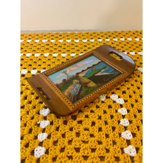 A beautiful antique Brazilian butterfly wing tray featuring a depiction of Christ the Redeemer overlooking Rio de Janeiro....