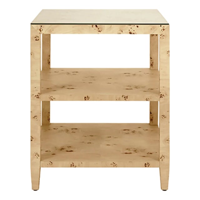 Matthew Izzo Home Amie Light Burlwood Three Tier Square Side Table With Glass Top For Sale
