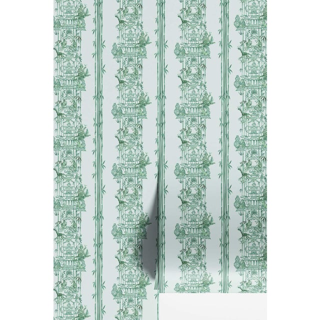 Chinoiserie Shenanigans Toile Grasscloth Wallpaper by House Party | Jade Garden Green | 6 Yards For Sale
