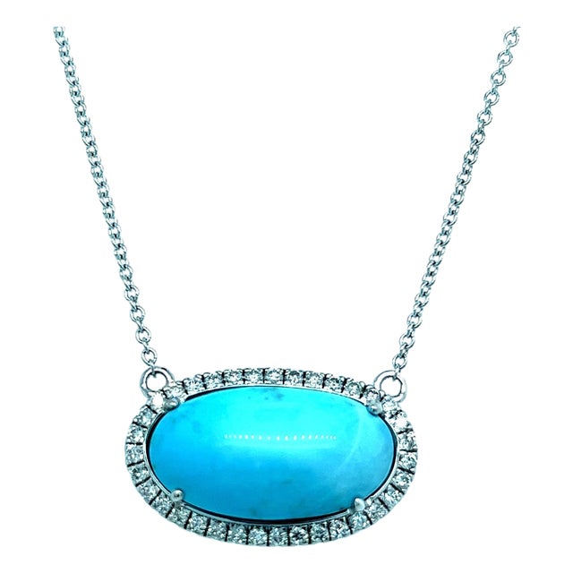Persian Turquoise Diamond Halo Pendant with Chain 14k WG 8.1 TCW Certified For Sale