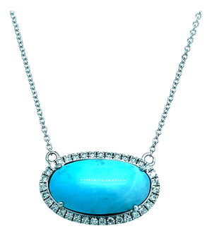 Persian Turquoise Diamond Halo Pendant with Chain 14k WG 8.1 TCW Certified