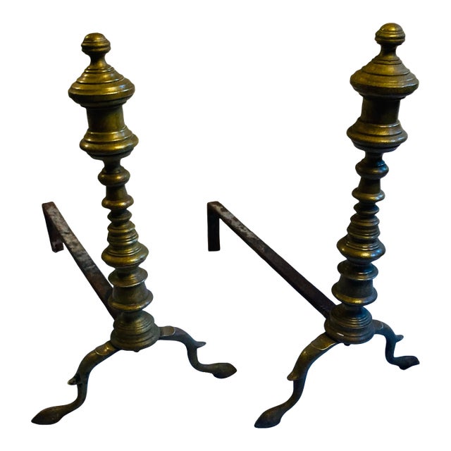 Antique Edwardian Turned Brass Andirons Cast Iron Stands For Sale