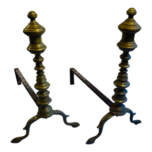 Antique Edwardian Turned Brass Andirons Cast Iron Stands