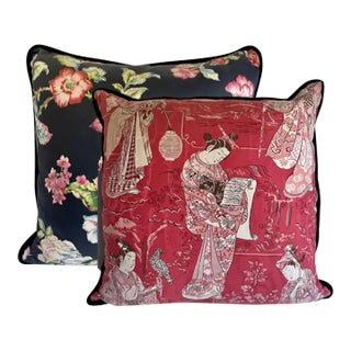 Pair of Custom Made Geisha Floral Down Filled Pillows For Sale