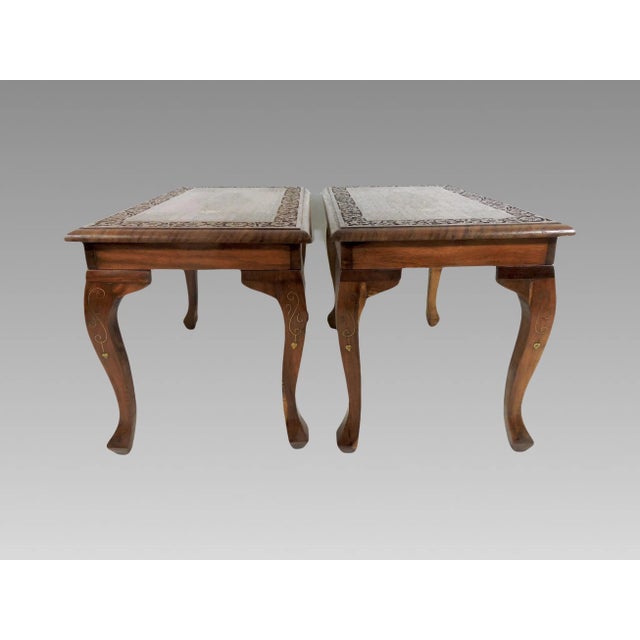 Inlaid Solid Teak Side / End, Drinks Tables, Hand Carved With Copper & Brass, Glass Tops - A Pair For Sale In Tampa - Image 6 of 9