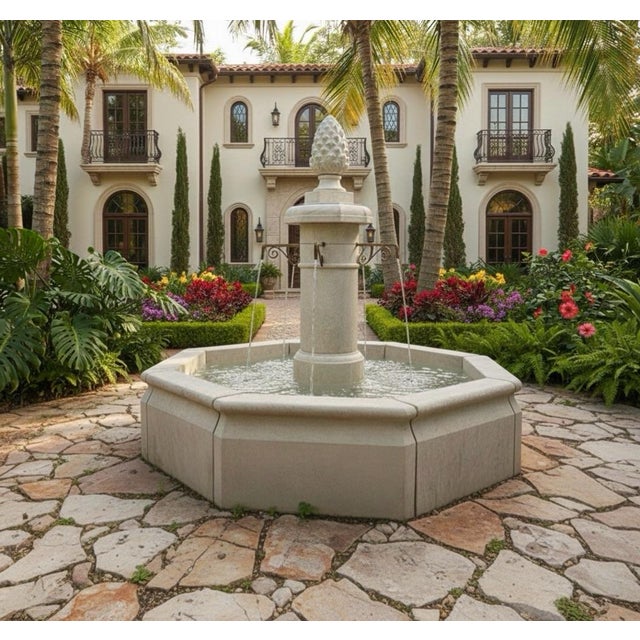 Stone Large French Style Octagonal Carved Limestone Garden Fountain With Pinecone Finial For Sale - Image 7 of 7