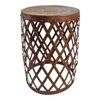 Vintage Iron Diamond Barrel Side Table For Sale