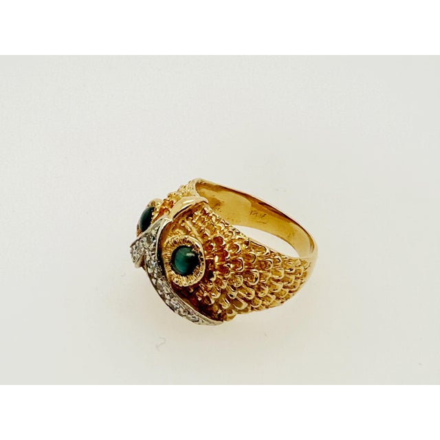 This cat’s eye chrysoberyl owl’s head ring features 2 bezel set 4 mm cat’s eye chrysoberyl eyes, and has a brow in a “V”...