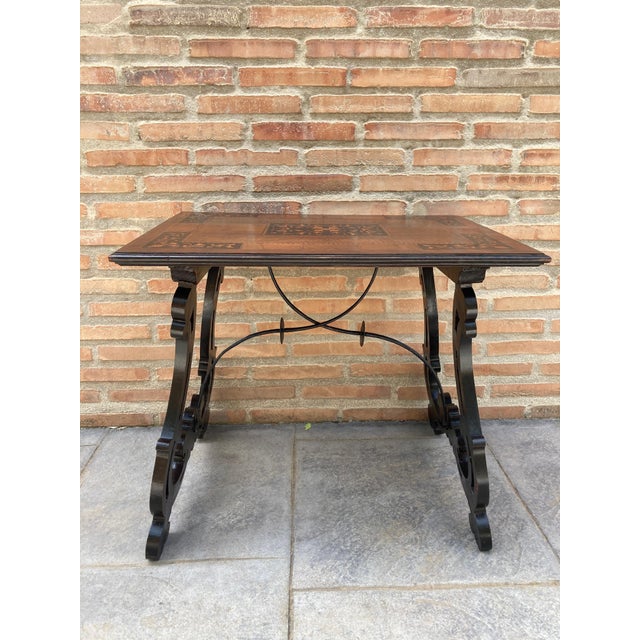 Spanish Early 19th Century Baroque Side Table with Lyre Legs and Marquetry Top For Sale - Image 17 of 18