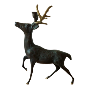 Mid 20th Century Bronze Buck Deer Candelabra With Brass Antlers