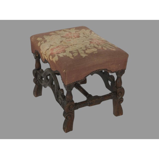 Wood Late 19th Century Antique English Carved Oak Footstool Bench With Floral Tapestry Seat For Sale - Image 7 of 10